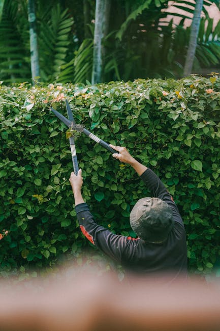 A man with styled brown hair and a trimmed beard is kneeling on a lush green lawn, carefully opening the lid of a grey outdoor garden waste bin. He is wearing a checkered shirt, a black gardener's apr